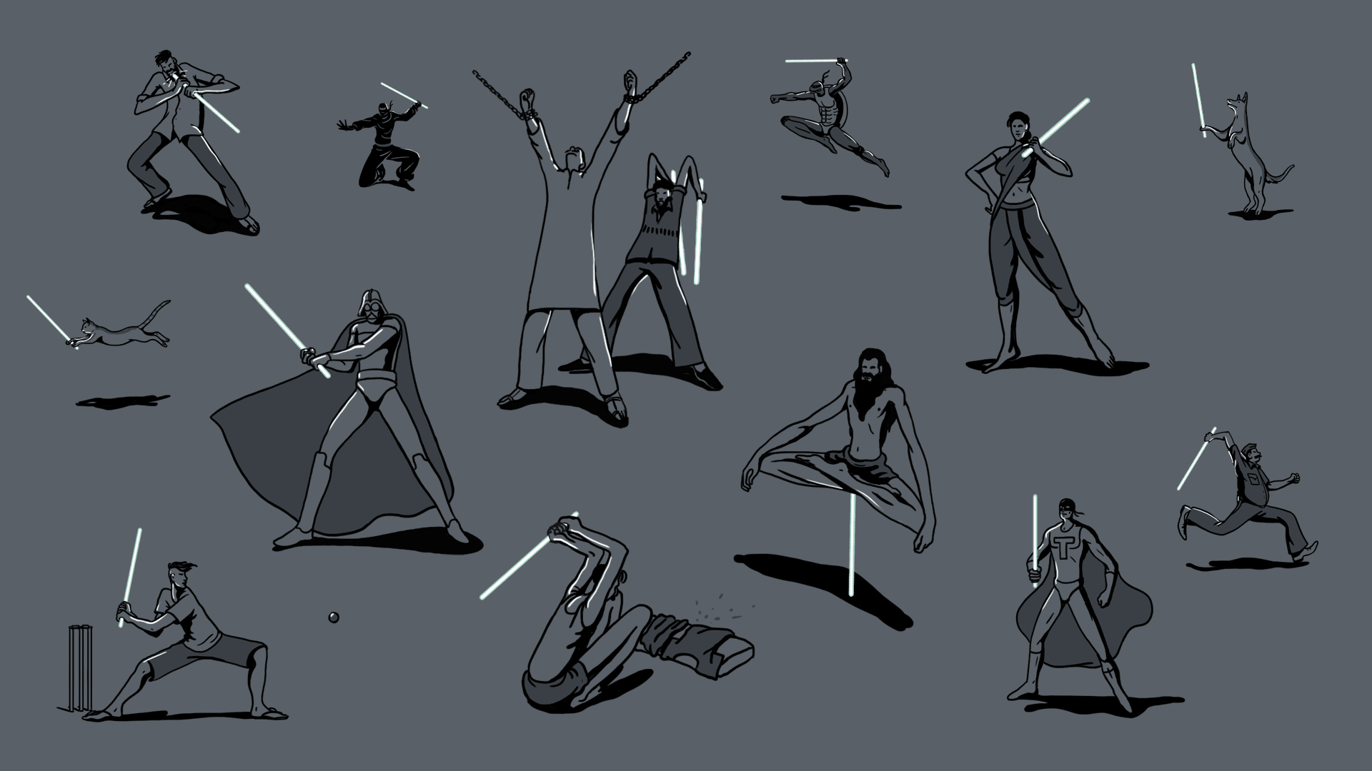 Illustrated characters, from a cricketer to a dancing dog, each holding a glowing tubelight
